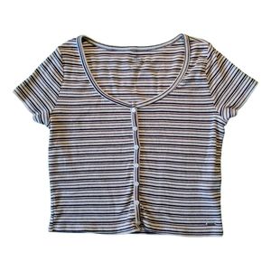 Hollister Multicolor Stripe Knit Button Down Crop Top, Size L